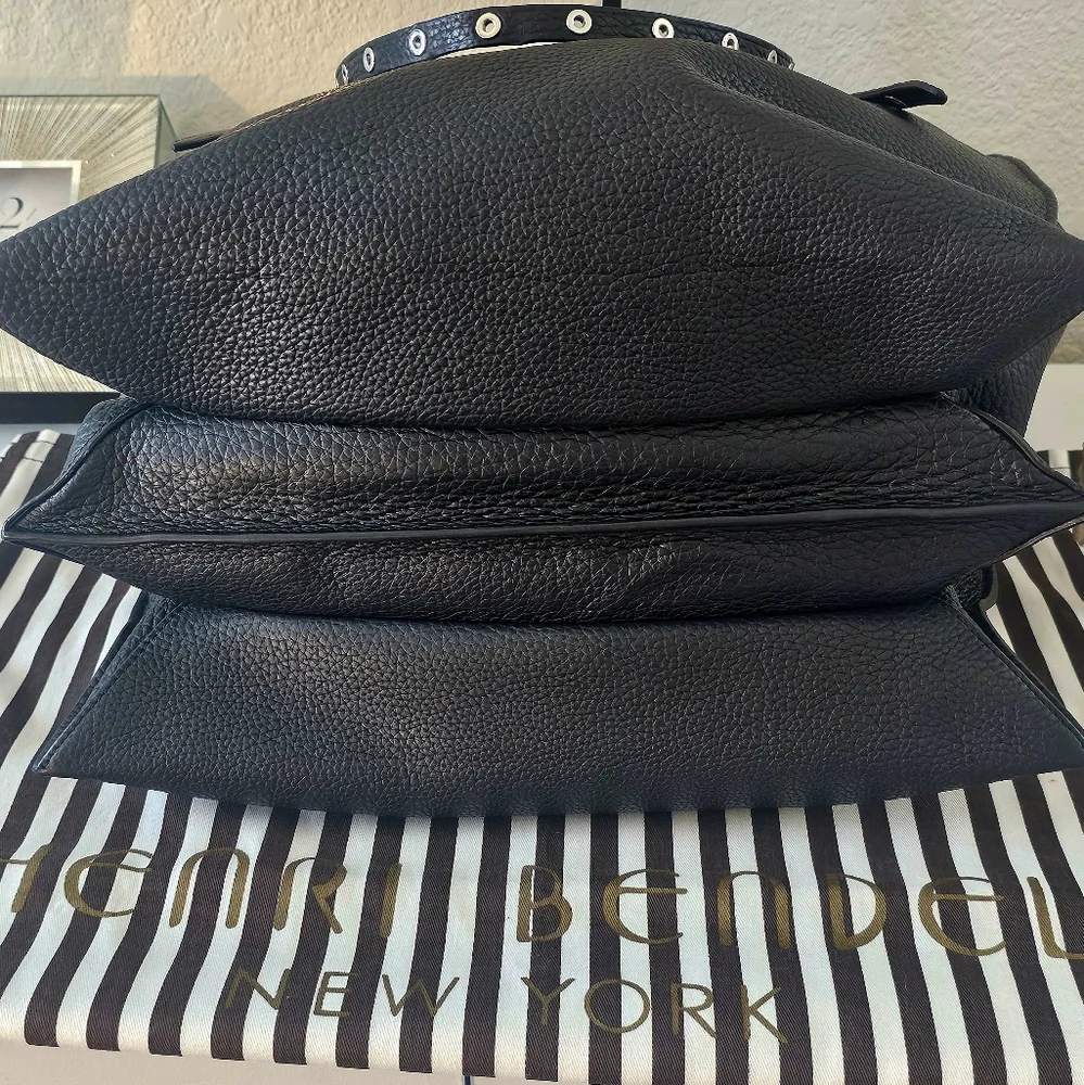 henri bendel Black Leather Tote with Grommet Strap Details